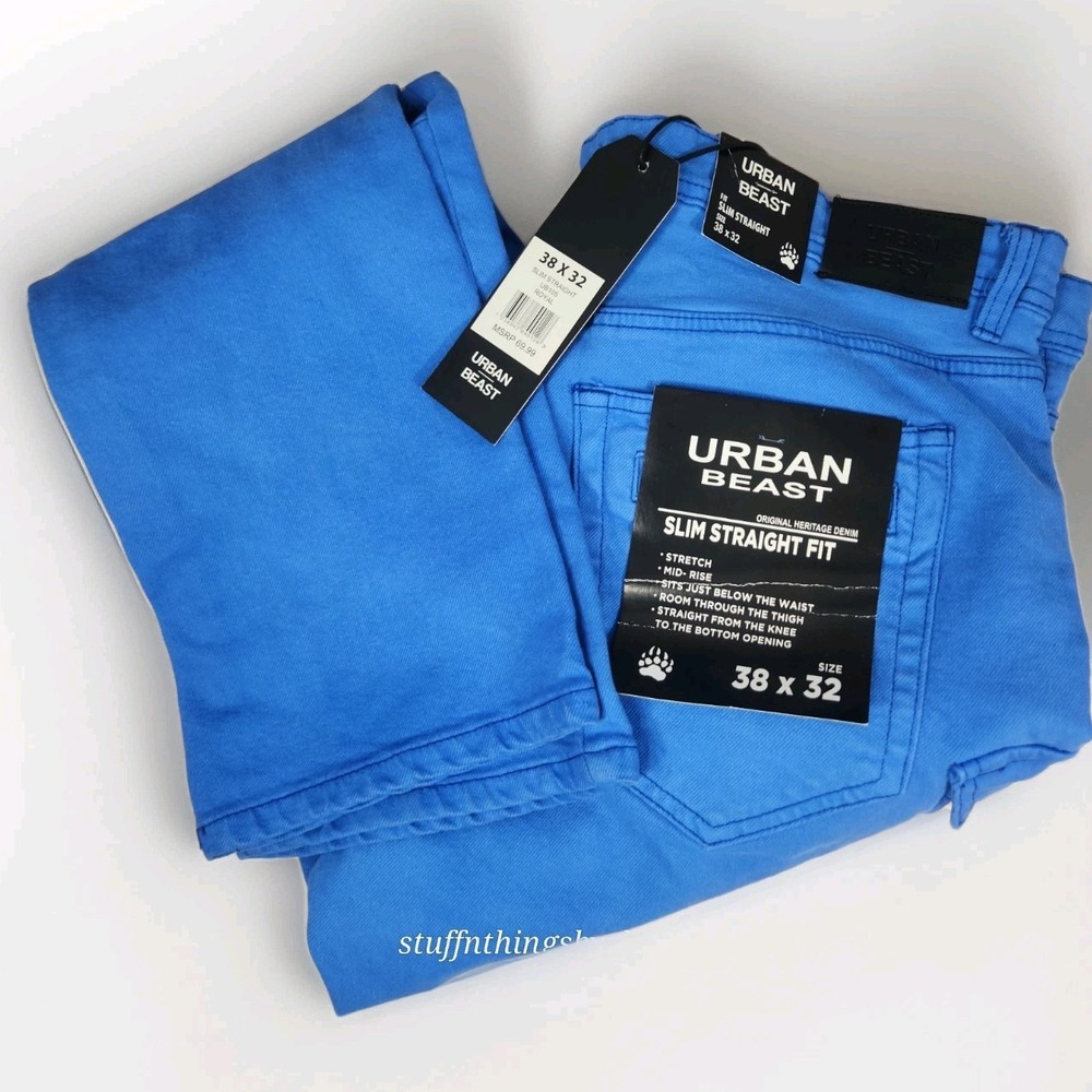 NWT‎ Men's URBAN BEAST Slim Straight Royal Blue Distressed Cargo Style 38"x32"